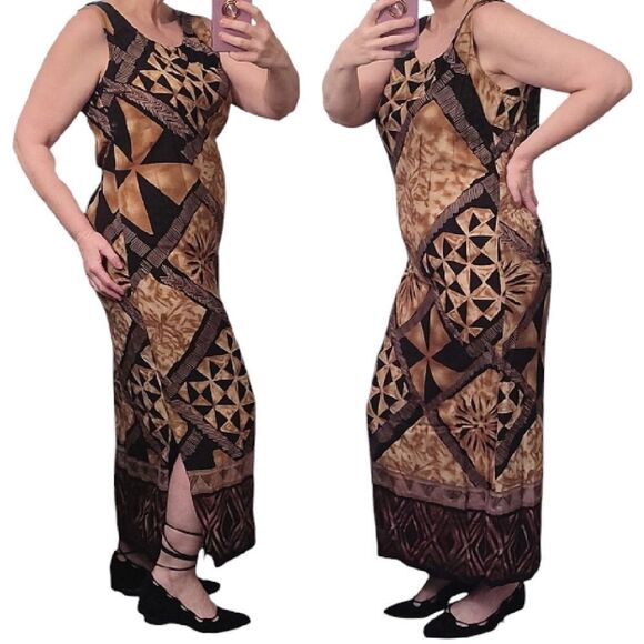 VTG 90s Brown Black Tribal Print Tie Back Midi Hawaiian Wiggle Dress Size LP - Picture 2 of 12